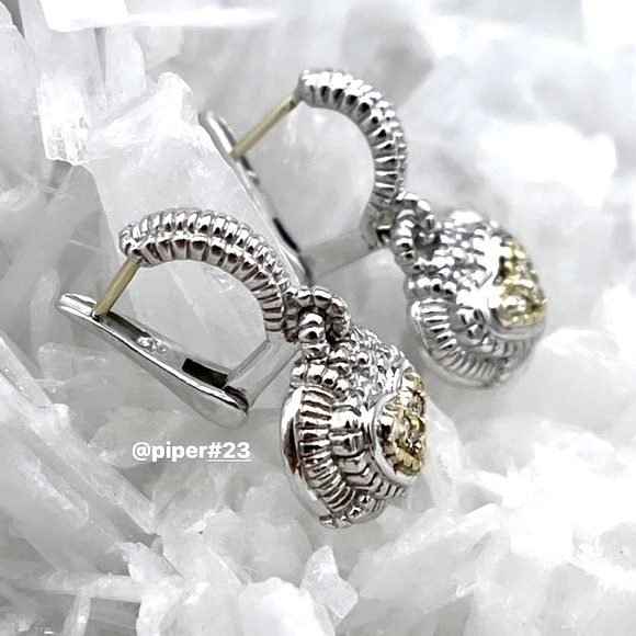 Judith Ripka Sterling Silver 18K Gold JR TWO Diamond Heart Romance Drop Earrings - Picture 7 of 10